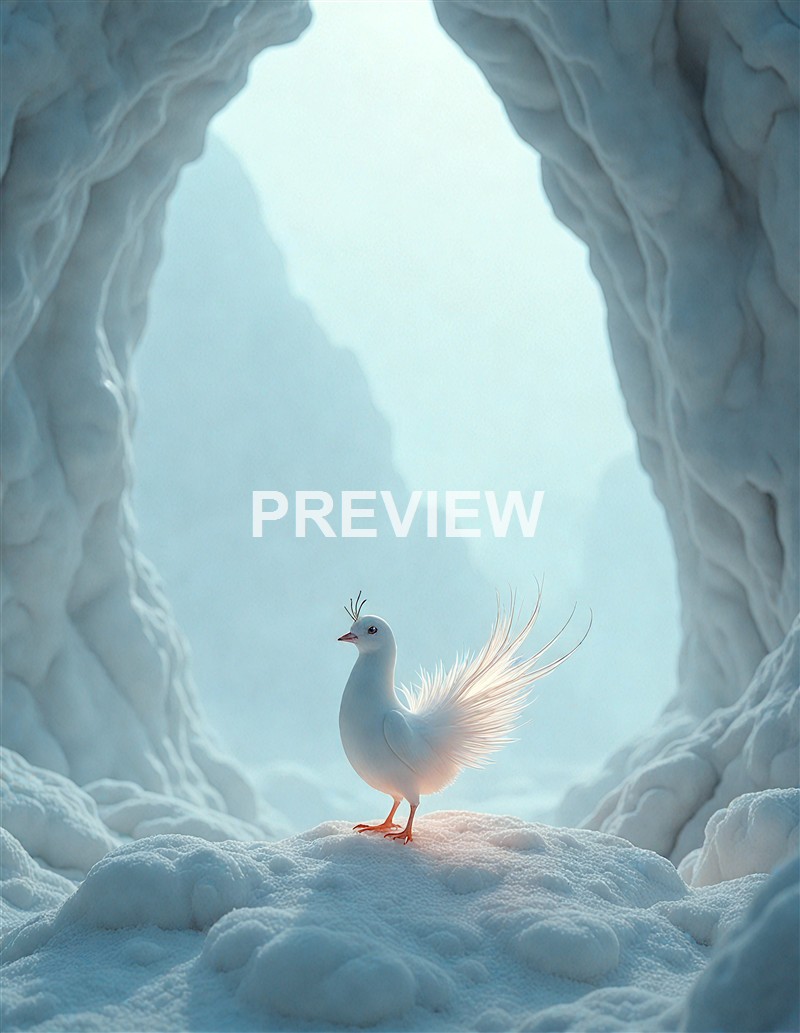 A white bird with elegant tail feathers standing on snow inside a cave-like icy environment with soft blue light filtering in.